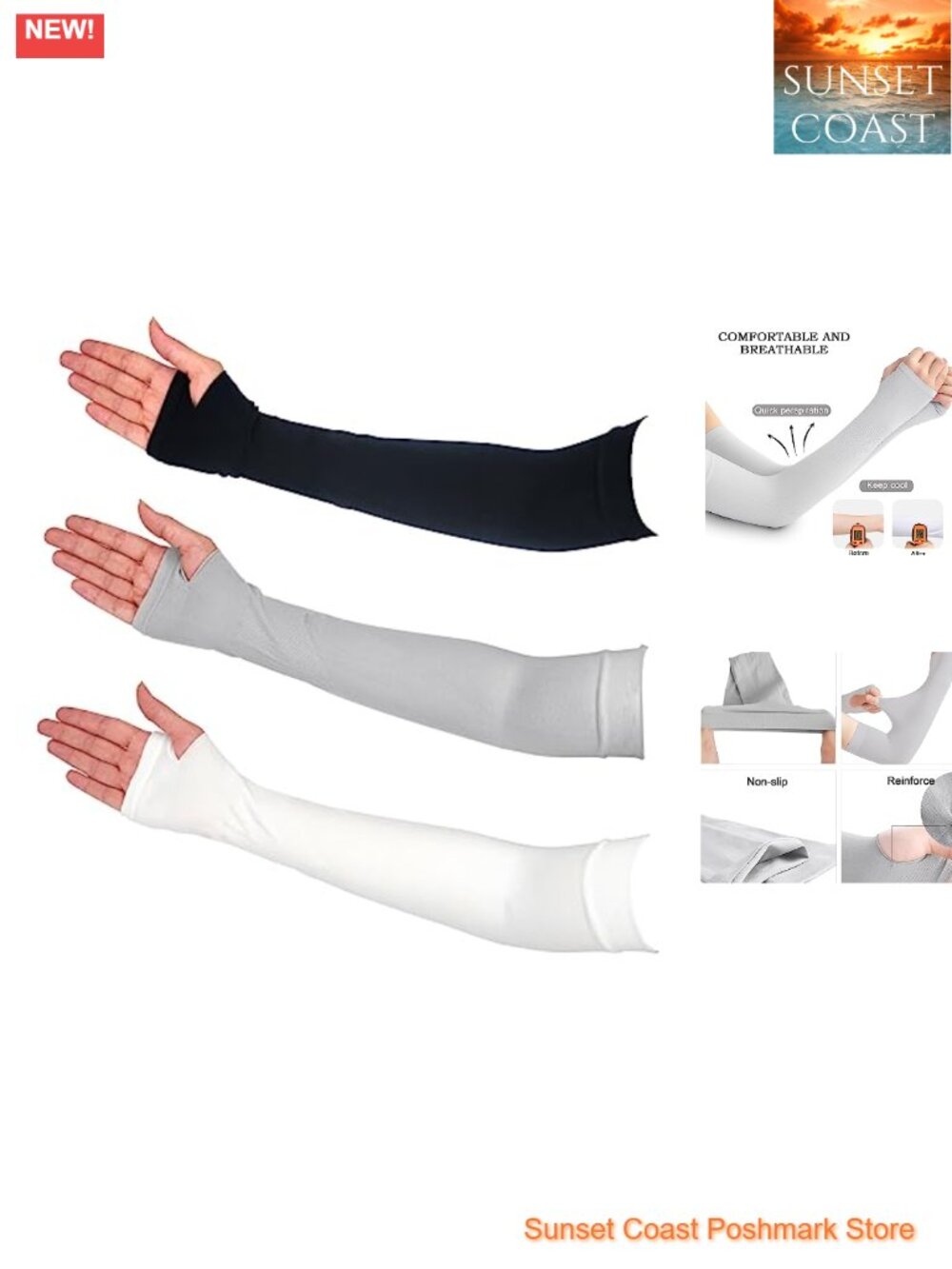 3 Pack UV Protection Arm Sleeves Thumb Hole Cooling Nylon Spandex